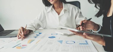 İş dünyası modern dizüstü bilgisayarla gelir tablolarını ve grafiklerini analiz ediyor. Kapat. İş analizi ve strateji kavramı