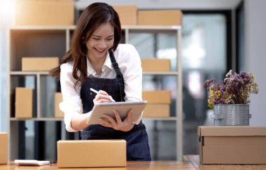 Küçük işletmeler kurma portresi KOBİ sahipleri fatura kutusu üzerinde çalışan kadın girişimciler ve kutuları paketlemek, müşterilere satmak, KOBİ iş fikirlerini çevrimiçi olarak satmak için İnternet üzerinden siparişleri kontrol ediyorlar