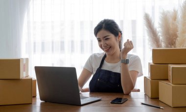 Kuruluş KOBİ küçük serbest Asyalı kadın girişimcisi kutulu bir dizüstü bilgisayar kullanarak neşeli Asyalı kadın elini online pazarlama kutusunu kaldırıyor ve KOBİ fikrini iletiyor