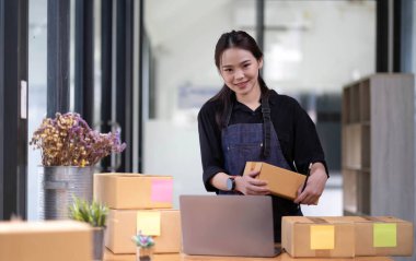 Genç, çekici Asyalı kadın şirket sahibi kameraya bakın. Evde kutuyla mutlu bir şekilde çalışıyor. Paket teslimatını sme tedarik zincirinde hazırlayın.