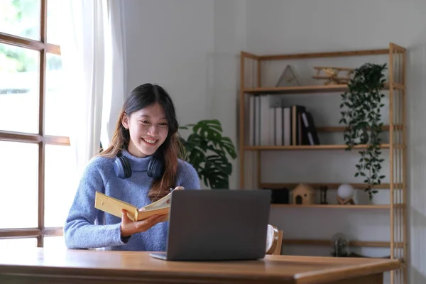 Asian girl student online learning class study online video call zoom teacher, Happy asian girl learn english language online with computer laptop