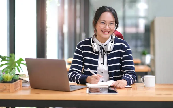 Asian girl student online learning class study online video call zoom teacher, Happy asian girl learn english language online with computer laptop