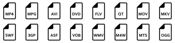 Formatos Arquivo Vídeo Conjunto Ícones Lineares Diferentes Formatos Vídeo Ícones — Vetor de Stock