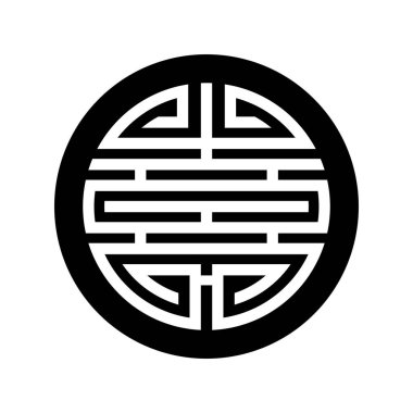 Beyaz arka planda klasik simetrik Asya deseni. Siyah yuvarlak sembol. Vektör çizimi. Çin geleneksel sembolleri