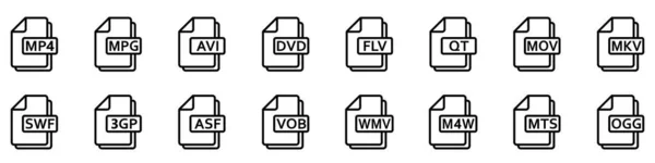 Formati File Video Set Icone Lineari Diversi Formati Video Icone — Vettoriale Stock