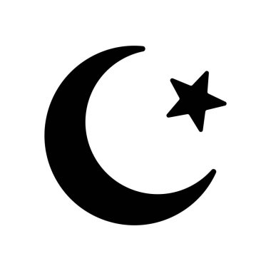 Yıldız ikonlu hilal. İslam 'ın dini sembolü. Vektör çizimi. Siyah düz simge