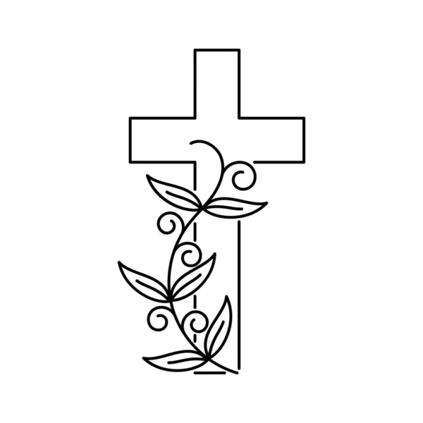Chrześcijański Krzyż Rośliną Krzyż Kwiatami Liniowy Projekt Krzyża Chrześcijańskiego Gałęzią — Wektor stockowy