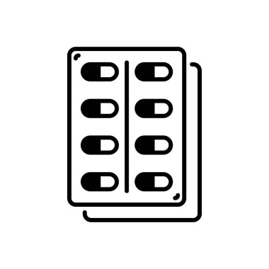 İlaç ikonu. İlaç hattı ikonu. Vektör çizimi. Haplı siyah kabarcık. Tıbbi işaret.