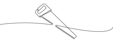 Tahta için sürekli demir testeresi çizimi. El testeresi doğrusal simgesi. Bir çizgi arkaplan çiziyor. Vektör çizimi. El testeresi sürekli çizgi simgesi