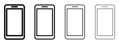 Telefon ikonu. Beyaz arkaplanda doğrusal akıllı telefon simgeleri. Vektör çizimi. Siyah cep telefonu simgeleri