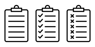 Doğrusal liste simgesini kontrol et. Üzerinde işaretler ve haç olan pano. Vektör çizimi. Doğrusal simge kümesi