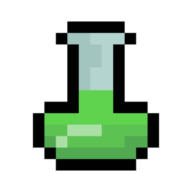 Piksel iksir ikonu. Piksel şeklinde sihirli iksir. Vektör çizimi. Oyun için piksel resim simgesi