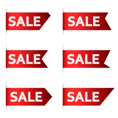 İndirim teklifi kurdelesi. Kırmızı alışveriş etiketi kurdeleleri. % 10 'dan% 90' a indirimli alışveriş kurdeleleri koleksiyonu. Vektör satış simgesi.