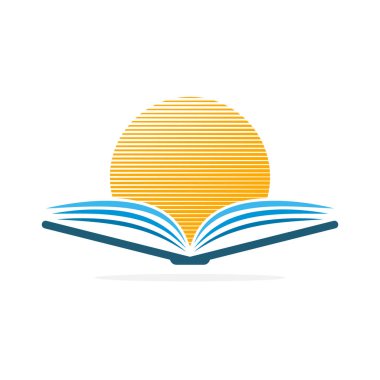 Kitap ikonu. Gün doğumu ve kitap. Soyut şirket logosu. Vektör illüstrasyonu.
