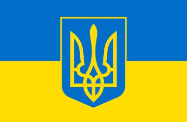 Ukrayna 'nın arması. Mızrak ikonu. Bayrağın arka planında devlet amblemi var. Ulusal Ukrayna bayrağı. Vektör illüstrasyonu.