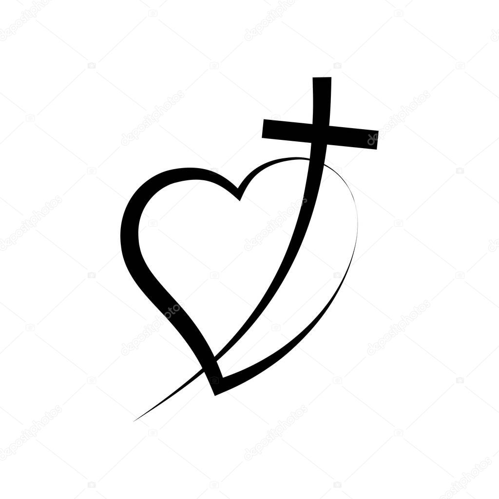 Christian cross icon in heart shape. Abstract religious symbol. Vector illustration. Love concept