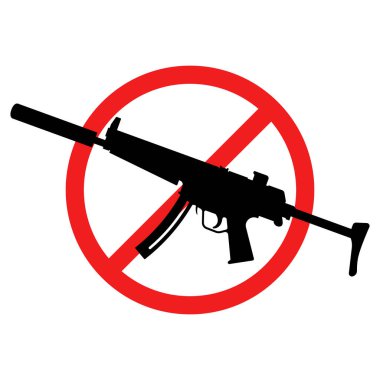 Tüfek işareti yok. Silah izi yok. Silah ikonu yok. Kırmızı yuvarlak yasak işareti. Vektör illüstrasyonu.