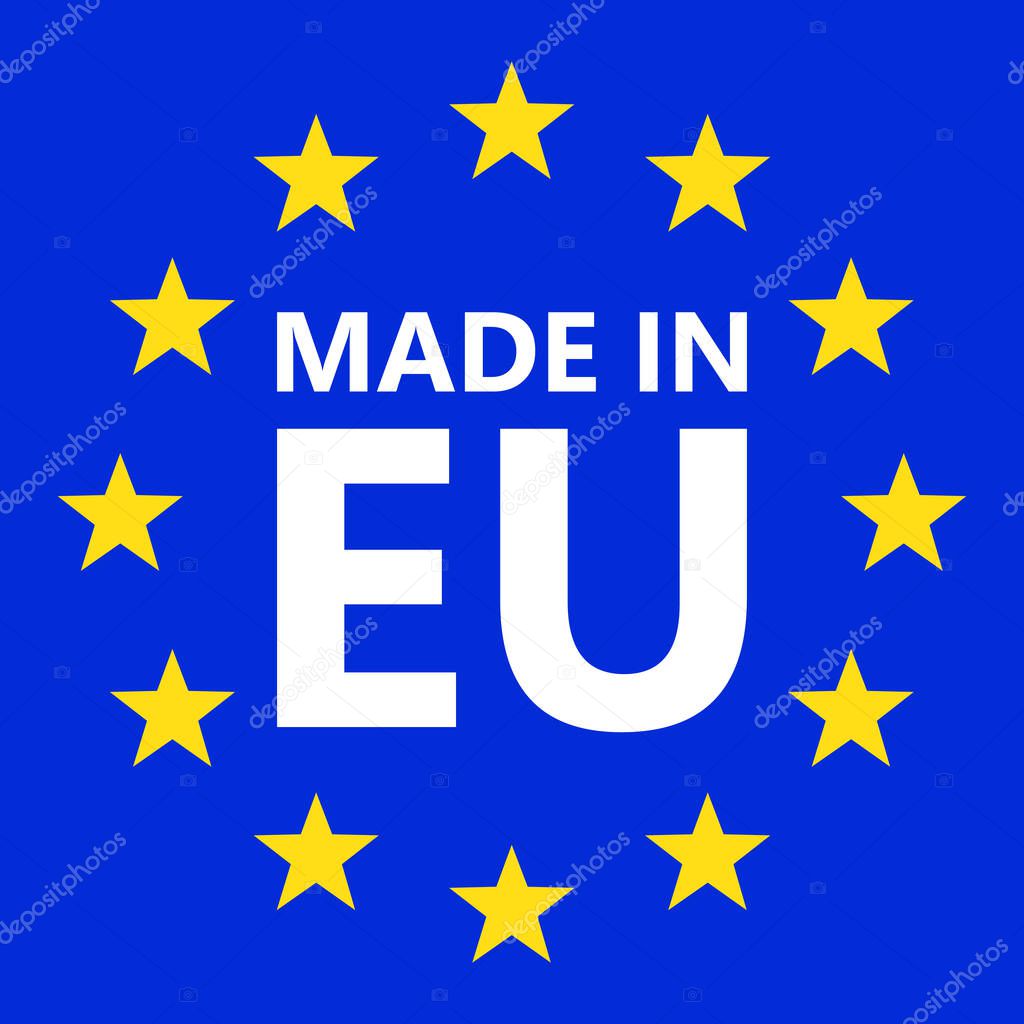 Made in EU. European union logo. Vector illustration. EU flag icon with stars.