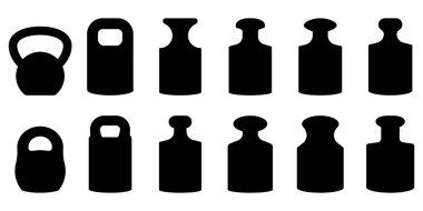 Weight icon. Kg weight logo. Kettlebell icons. Set of different dumbbell. Vector illustration.