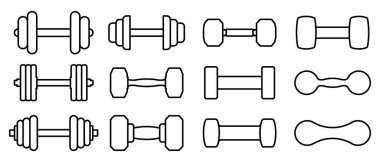 Mankafa simgesi. Farklı halterler. Vektör çizimi. Spor salonu için dambıllar. Siyah doğrusal işaretler