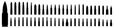 Bullet icon isolated. Various of military cartridge. Military ammunition. Bullet or patron silhouette. Vector illustration.