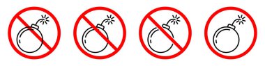Exploding bombs prohibition sign. Bombs ban signs set. No explosion sign. Vector illustration.