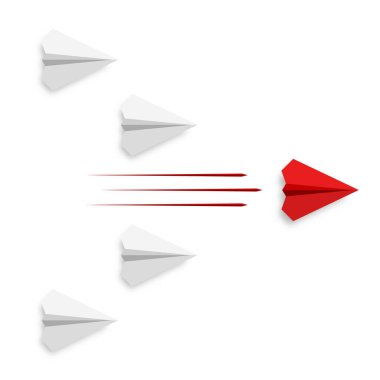 Flying paper airplanes. Red paper plane flies first. Vector illustration. Business or success concept icon.