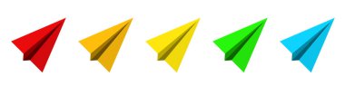 Kağıt uçak ikonu. Beyaz arka planda renkli bir uçak simgesi. Kağıt uçaklar. Vektör çizimi. Seyahat kavramı