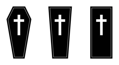 Coffin icons set. Wooden coffin black icon with cross. Coffin isolated symbol. Vector illustration.