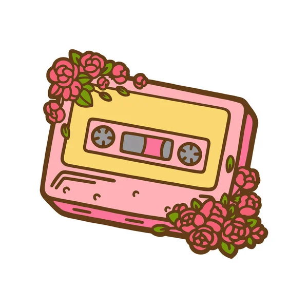 Cute Hand Drawn Audio Cassette Flowers Color Image Retro Audio — Stock Vector