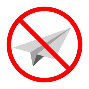 No paper plane sign. Paper plane is forbidden. Prohibited sign of plane. Red prohibition sign. Vector illustration