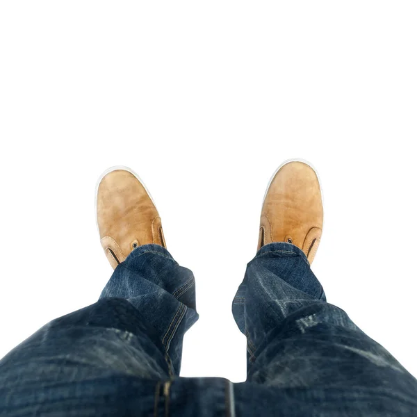 足の上から 白い背景の靴の上の足のビュー ブーツを着た男 ベクターイラスト — ストックベクタ