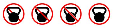 Kettlebell yasağı tabelası. Kettlebell yasaktır. Kettlebell 'in kırmızı yasak işaretleri. Kırmızı yasaklama işareti. Vektör illüstrasyonu