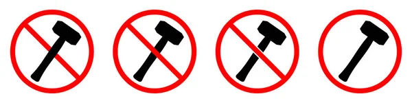 ハンマー バンのサイン ハンマーは禁止です ハンマーの赤い禁止記号のセット ベクターイラスト — ストックベクタ
