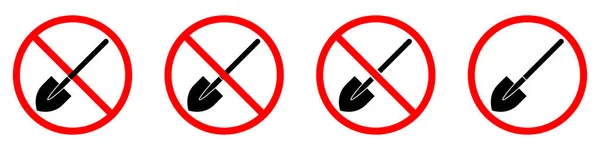 ショベル サイン ショベルは禁止されている シャベルの赤い禁止標識のセット ベクターイラスト — ストックベクタ