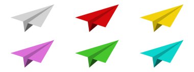 Kağıt uçak ikonu. Beyaz arka planda renkli bir uçak simgesi. Kağıt uçaklar. Vektör çizimi. Seyahat kavramı