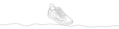 Spor ayakkabılarının siluetini çizmeye devam et. Spor ayakkabıları doğrusal simgesi. Bir çizgi arkaplan çiziyor. Vektör çizimi. Doğrusal spor ayakkabı arkaplanı