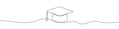 Mezuniyet şapkasının sürekli çizgisel çizimi. Mezuniyet şapkası ikonu. Tek satırla çizilmiş soyut arkaplan. Vektör illüstrasyonu.