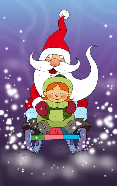 Father Frost and Mnegurochka go for a drive from a hill on a sledge — Stock Photo, Image