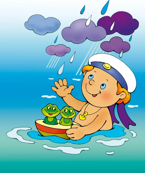 Menino tomando banho e brincando no mar — Fotografia de Stock