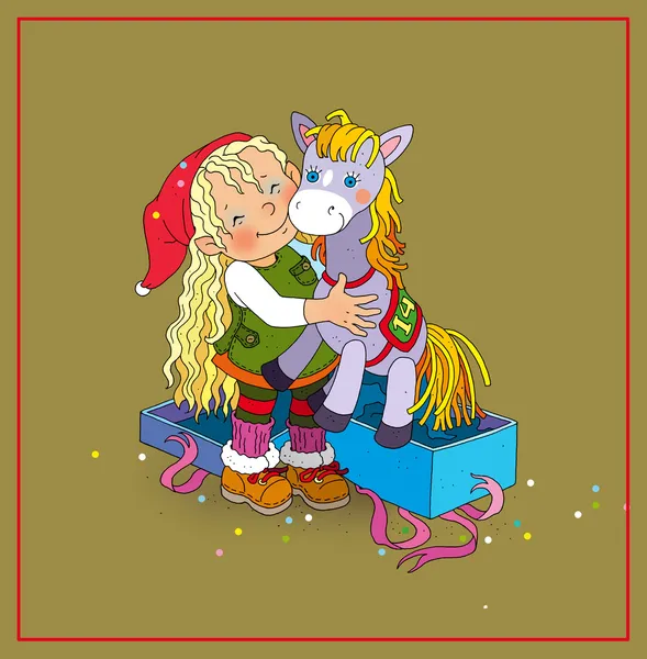 Elf girl received the gift of a toy horse . — Stock Photo, Image