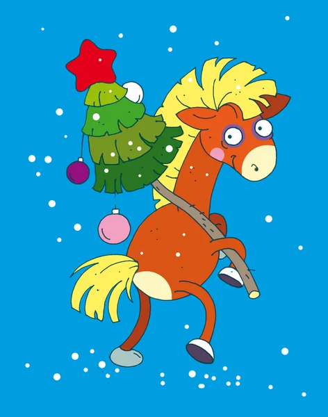 马与一棵圣诞树 — 图库照片