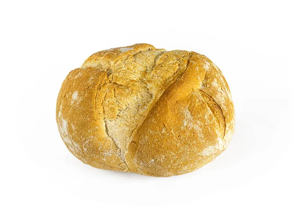 圆圆的法国面包在面包店里烘焙 顶部有一个金色的面包皮 白色的背景把它隔开了 — 图库照片