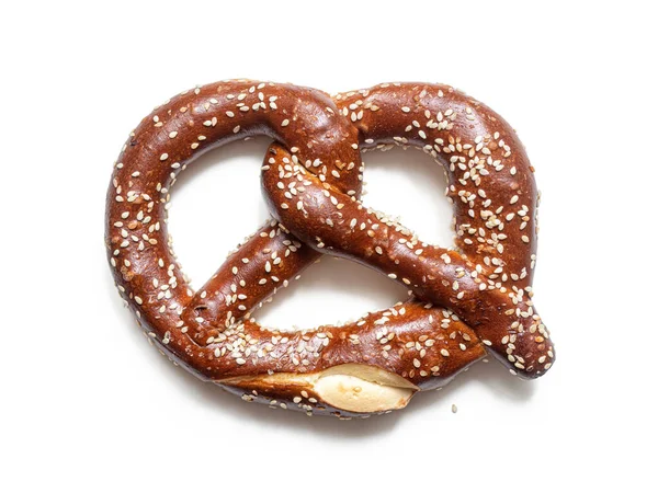 Prodotto Forno Sotto Forma Pretzel Cosparso Semi Sesamo Popolare Nella — Foto Stock