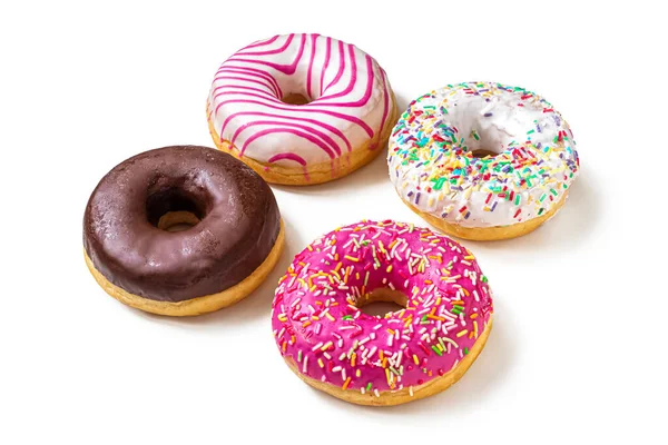 Heldere Veelkleurige Donuts Met Chocolade Aardbeien Vanille Glazuur Bestrooid Met Stockfoto