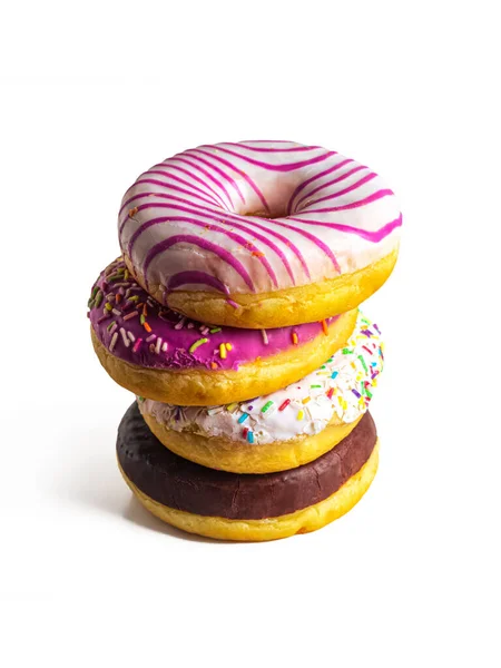 Stack Multicolored Donuts Multicolored Glaze Isolated White Background — Stock Photo, Image