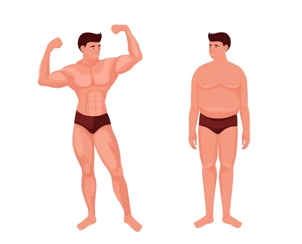 Athletischer und dicker Mann. Muskelprotz posiert mit gepumpten Muskeln und traurigem Dicken — Stockvektor