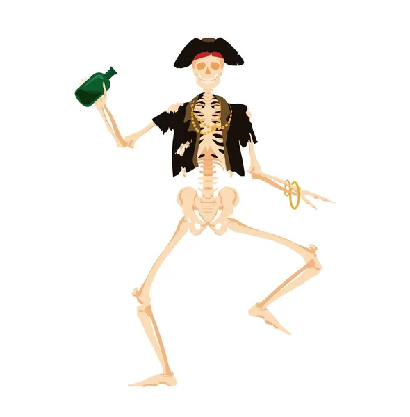 Pirata esqueleto bailando con botella. Corsario muerto en ropa deteriorada baila felizmente — Vector de stock