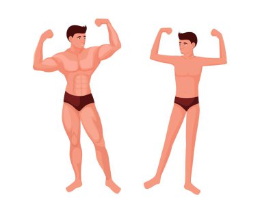 Atletik ve zayıf bir adam. Kaslı sporcu kaslı ve zayıf bir adamla poz veriyor.