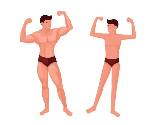 又强壮又瘦的男人肌肉运动者摆姿势，肌肉抽动，体形瘦小 — 图库矢量图片